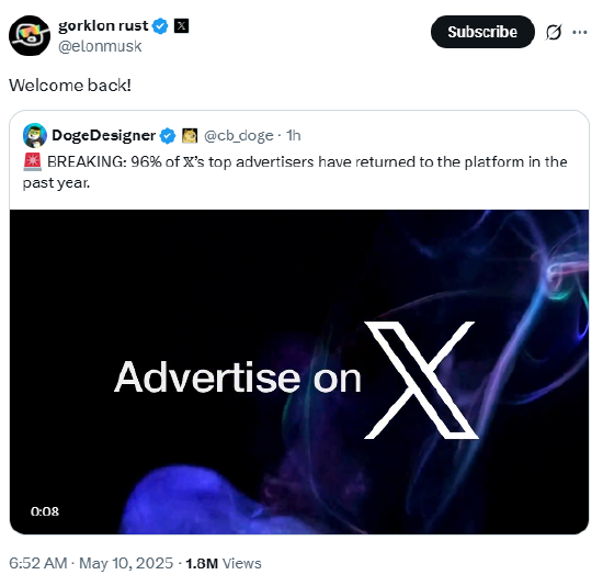 配资正规网上炒股配资 X平台的头部广告客户已回归了96%，马斯克：欢迎